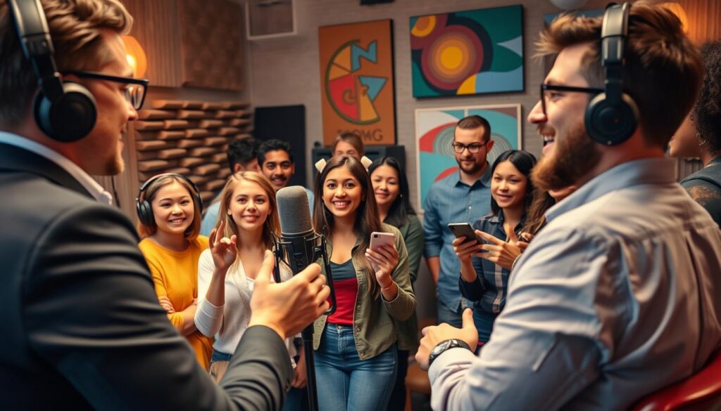 A vibrant scene depicting a dynamic interaction between a podcast creator and an engaged audience during an interactive podcast session. In the foreground, a confident host, dressed in smart casual attire, speaks into a microphone, surrounded by audio equipment. The middle ground showcases diverse audience members with focused expressions, wearing casual clothing and holding smartphones or tablets, signaling their responses through gestures. In the background, a cozy studio environment filled with soundproofing materials, colorful artwork, and soft diffused lighting creates an inviting atmosphere. The lens should capture the energy of the moment from a slightly elevated angle, emphasizing the connection between the host and the audience, conveying a sense of collaboration and innovation in storytelling.