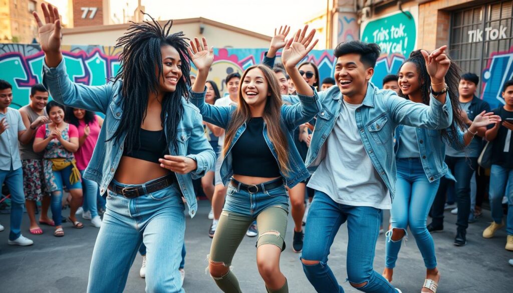 A vibrant scene showcasing a diverse group of young adults engaging in a popular TikTok dance challenge, embodying the energy of viral choreography. In the foreground, three dancers showcase dynamic, synchronized moves, dressed in stylish casual wear, radiating joy and enthusiasm. The middle ground features a cheering crowd, capturing the excitement of social media influence on music trends. In the background, a colorful urban setting with graffiti art enhances the lively atmosphere. The image is illuminated with soft, natural lighting, simulating late afternoon sun, creating a warm and inviting mood. A wide-angle lens captures the entire scene, emphasizing movement and connection, reflecting the impact of viral dance challenges on contemporary music success.