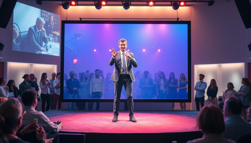 A vibrant scene showcasing the Pepper's Ghost illusion in a modern context. In the foreground, a sleek stage setup featuring a translucent screen displaying a hologram of a digital actor in professional business attire, mid-performance, with an expressive pose. The middle layer includes a captivated audience, dressed in casual yet polished clothing, surrounded by futuristic lighting that highlights the hologram’s details and casts colorful reflections. The background sets the atmosphere with soft ambient lighting and hints of advanced technology, such as digital projectors and transparent displays, suggesting innovation. The overall mood is dynamic and inspiring, capturing the intersection of traditional performance art and cutting-edge technology, emphasizing the ethical use of holograms in entertainment.