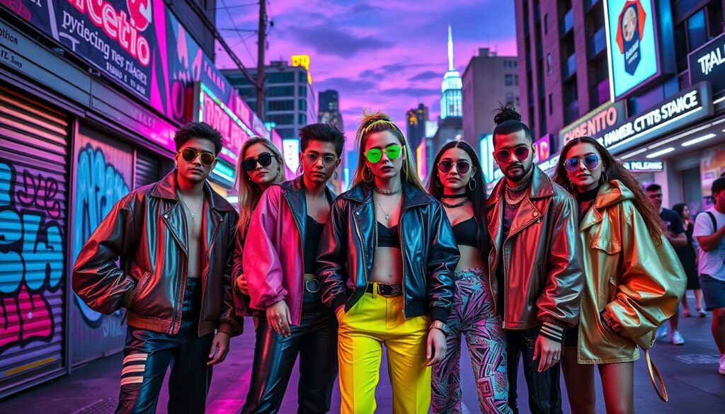A vibrant street scene showcasing Cyber-Retro fashion influencers in 2024. In the foreground, a group of stylishly dressed individuals wearing bold, colorful outfits reminiscent of the 80s and 90s, featuring metallic fabrics, oversized jackets, and unique accessories like neon sunglasses and tech-inspired jewelry. The middle ground reveals a bustling urban environment with graffiti art, neon lights, and futuristic elements showcasing the intersection of technology and pop culture. The background consists of a twilight sky filled with purple and blue hues, reflecting city skyline silhouettes. Soft, neon lighting bathes the scene, creating an energetic and imaginative atmosphere. The image captures the essence of Cyber-Retro style, incorporating dynamic poses of the influencers as they interact, exuding confidence and charisma in their fashion choices.