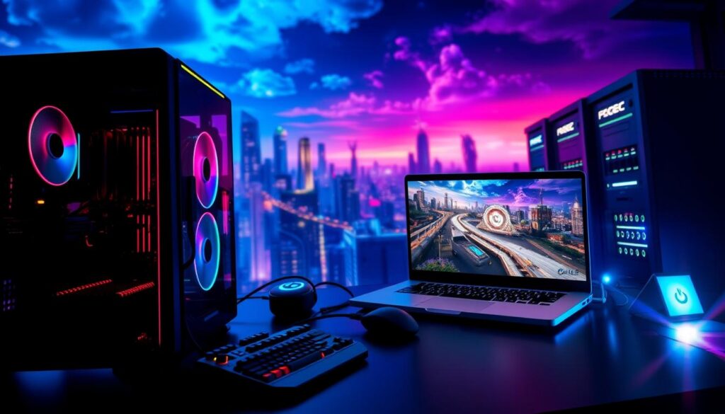 A visually striking comparison of PC gaming and cloud gaming performance. In the foreground, a sleek, high-end gaming PC with vibrant RGB lighting, showcasing a powerful graphics card and motherboard, surrounded by computer peripherals like a mechanical keyboard and gaming mouse. In the middle ground, a cloud gaming setup featuring a laptop streaming a high-quality game, displaying impressive graphics on a vibrant screen, with a visible connection to a server rack in the background. The background displays a digital landscape, blending futuristic cityscapes with visual data flow graphics symbolizing cloud connectivity. The scene is bathed in a dynamic blue and purple light, creating a tech-savvy mood, with a slight lens flare effect to enhance depth. Capture the essence of performance and quality as both gaming methods are juxtaposed in a visually engaging way.