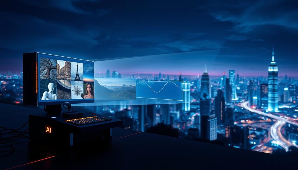 A visually striking representation of the evolution of AI technology in image generation. In the foreground, show a stylized computer with glowing circuits and a holographic display projecting various images created by AI, such as abstract art, realistic landscapes, and portraits. In the middle ground, depict a progression of images from grainy, low-resolution outputs to high-definition, lifelike photos. The background should feature a futuristic cityscape intertwined with digital elements, showcasing a blend of nature and technology. Use ambient lighting with a cool blue and purple palette to create a sophisticated atmosphere, highlighting a sense of innovation. Capture a wide-angle view that emphasizes depth and progression, ensuring the scene is clean and professional without any added text or markings.