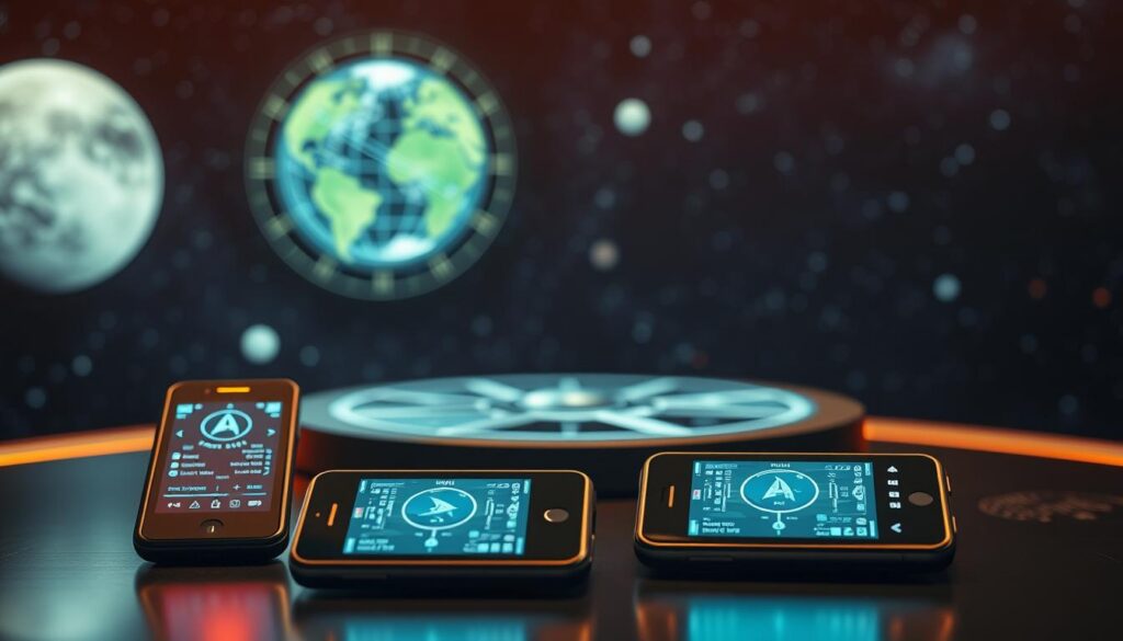 Create an imaginative scene featuring portable communicators inspired by "Star Trek," intricately designed to resemble modern smartphones. In the foreground, place sleek, futuristic devices with glowing interfaces, showcasing advanced technology and Starfleet insignias. In the middle ground, include a blurred holographic display projecting a star map, conveying a sense of exploration. The background should feature a starry cosmos, filled with distant planets and nebulae, enhancing the sci-fi atmosphere. Utilize soft, ambient lighting to create a warm glow around the devices, capturing a sense of innovation and wonder. The composition should utilize a slight low-angle perspective to emphasize the devices' significance, evoking a feeling of progress and ambition. Aim for a clean, polished look, free of any text or distractions.