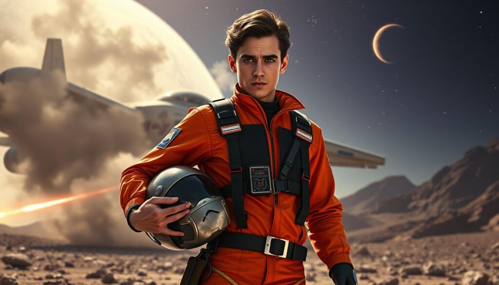 Poe Dameron, a charismatic Resistance pilot, stands confidently in his distinctive orange flight suit with a black vest, embodying bravery and determination. In the foreground, he grips his helmet under one arm while the other hand rests on his hip, showcasing a confident expression. The middle layer features a starfighter in the background, partially obscured by smoke and sparks, indicating a recent space battle. The scene is set against the backdrop of a distant, rocky planet under a starry sky, with the glow of a nearby sun casting dramatic light on his face and suit. The overall mood is one of heroism and adventure, captured with a cinematic angle to emphasize the intensity of the moment.