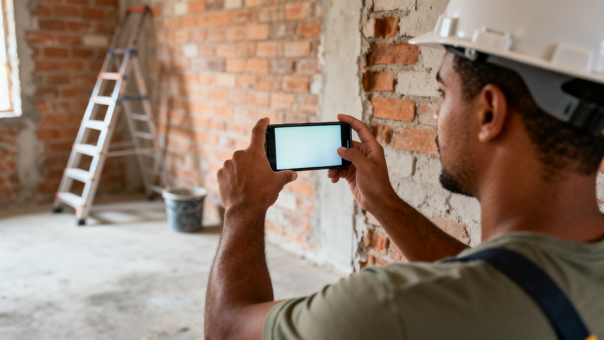 Trabalhador de obra medindo uma parede com o celular na mao
