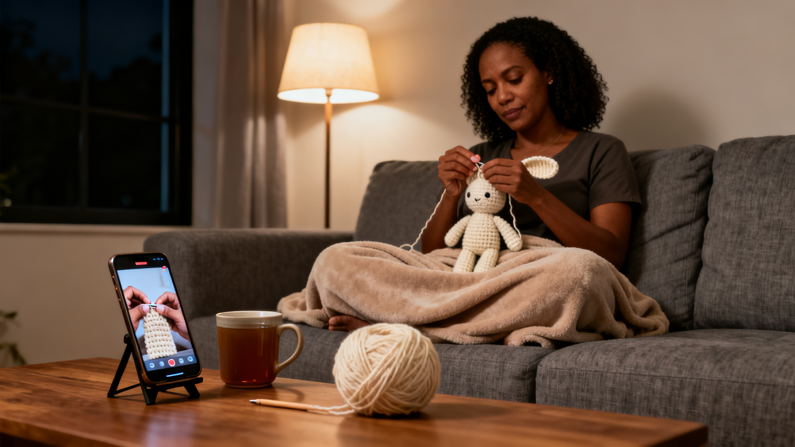 Amigurumi pronto ao lado de novelos, agulha e enchimento sobre a mesa de trabalho