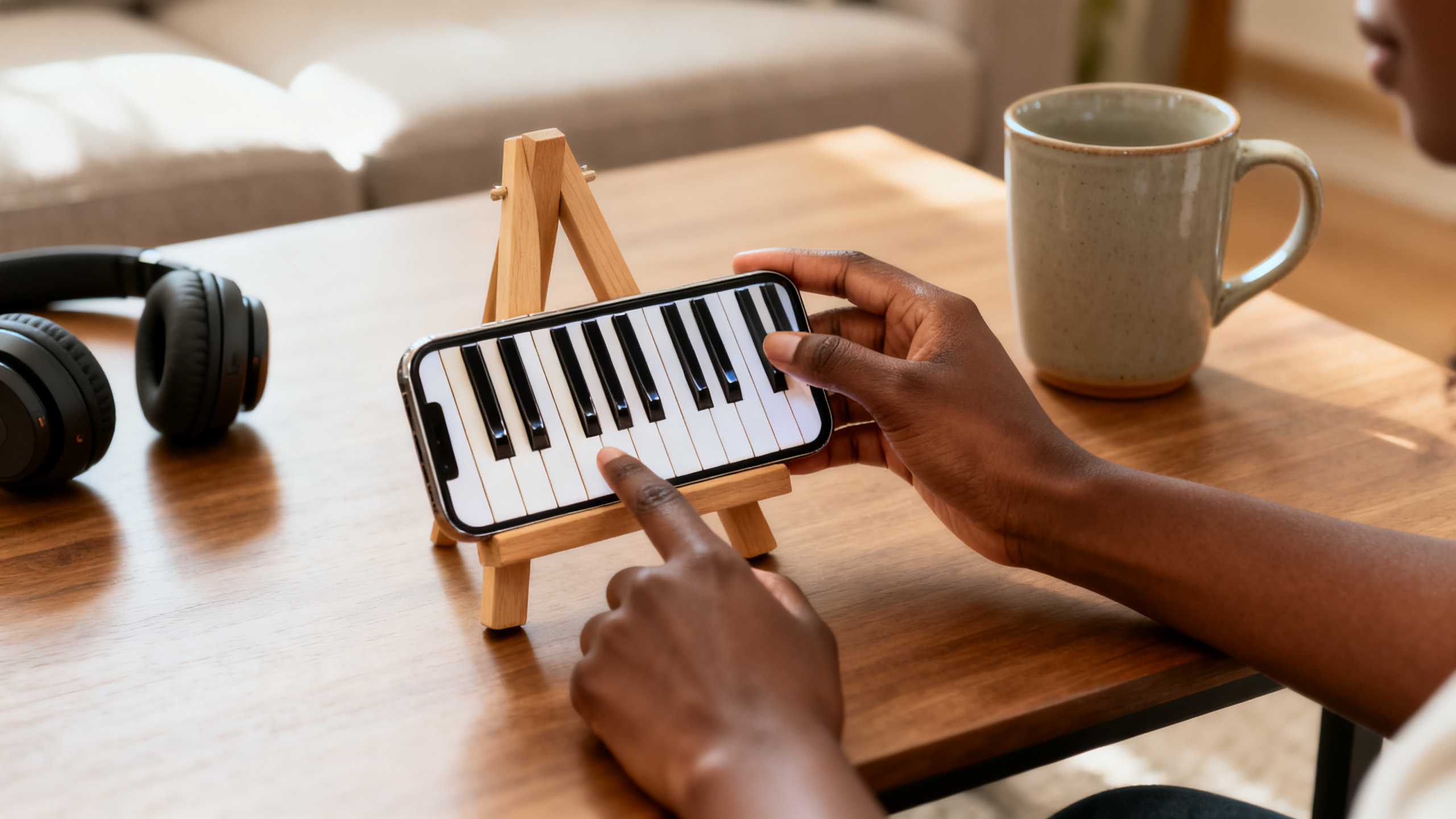 Celular em suporte de madeira sobre a mesa exibindo teclas de piano, com as mãos de uma mulher tocando a tela