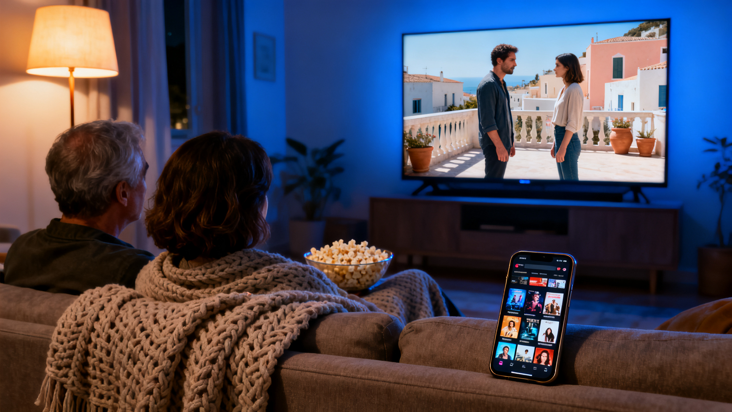 Sala de estar à noite com casal de costas assistindo a uma cena de drama na TV e um celular no braço do sofá mostrando um catálogo de streaming