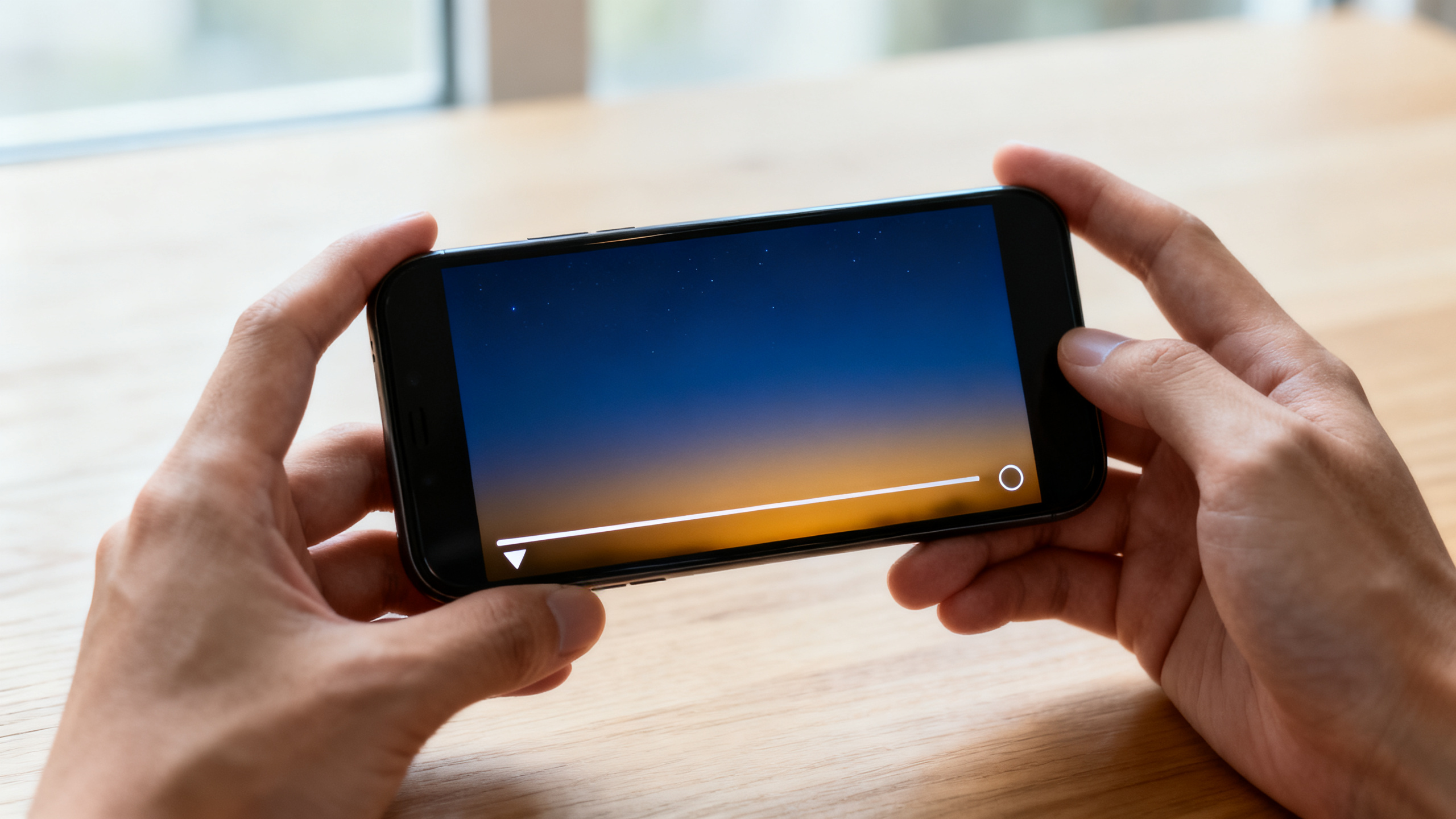 Mãos segurando um celular na horizontal com um player de vídeo aberto