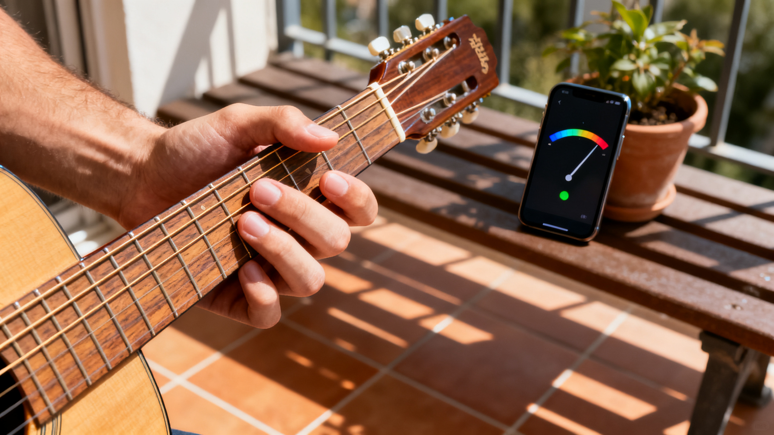 Close da mão fazendo um acorde no braço do violão, com o celular ao fundo mostrando o afinador