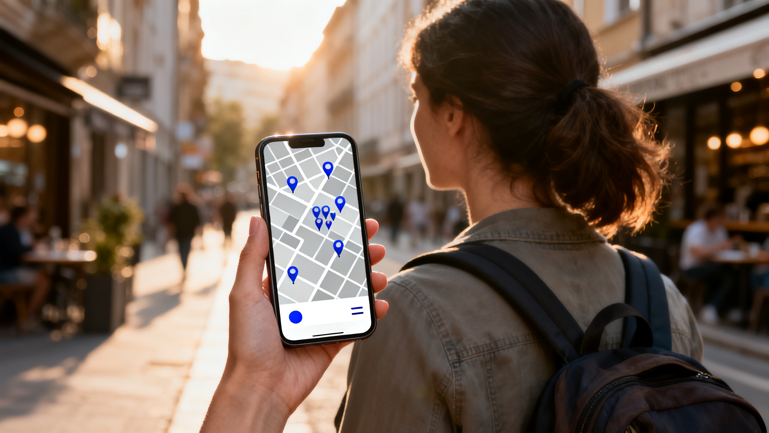 Mulher de mochila na rua segurando o celular com um mapa de pontos de Wi-Fi