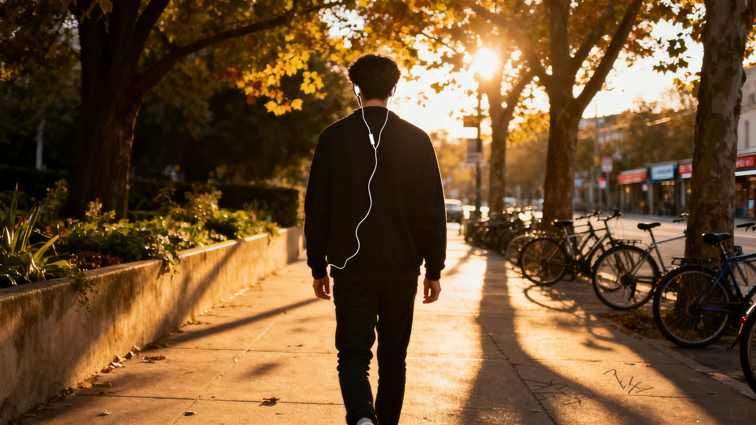 Pessoa caminhando de costas numa calçada arborizada no fim da tarde, com fones de ouvido