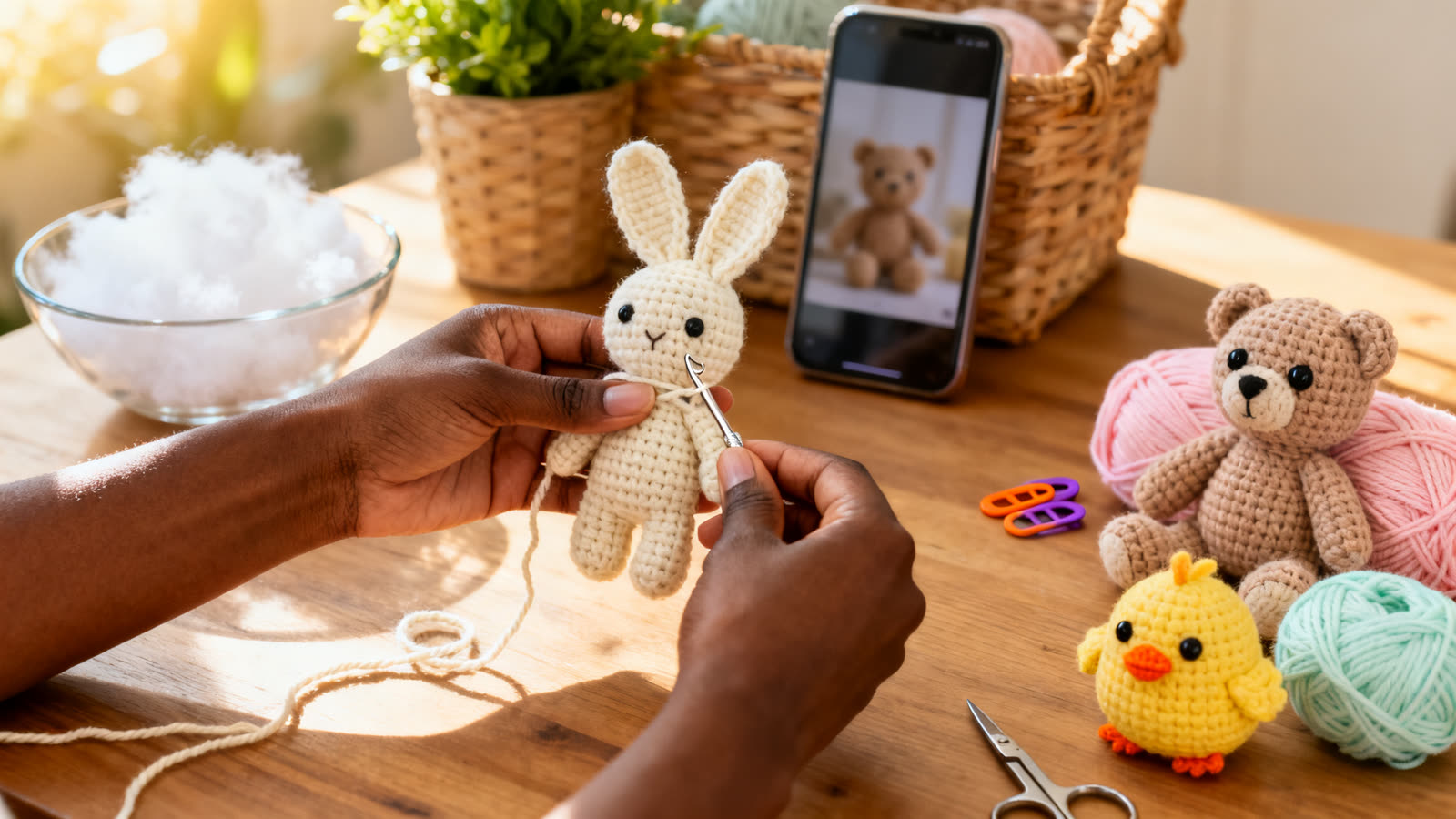 Mãos de uma mulher fazendo um coelhinho de crochê, com um pintinho e um ursinho de amigurumi prontos sobre a mesa da varanda