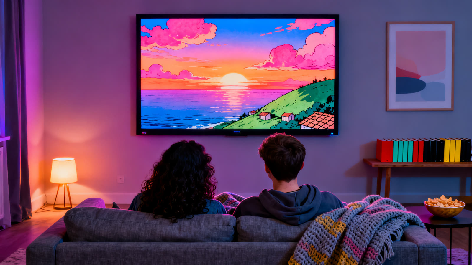 Duas pessoas de costas no sofá assistindo a uma paisagem animada de pôr do sol na TV, numa sala iluminada pela luz colorida da tela à noite