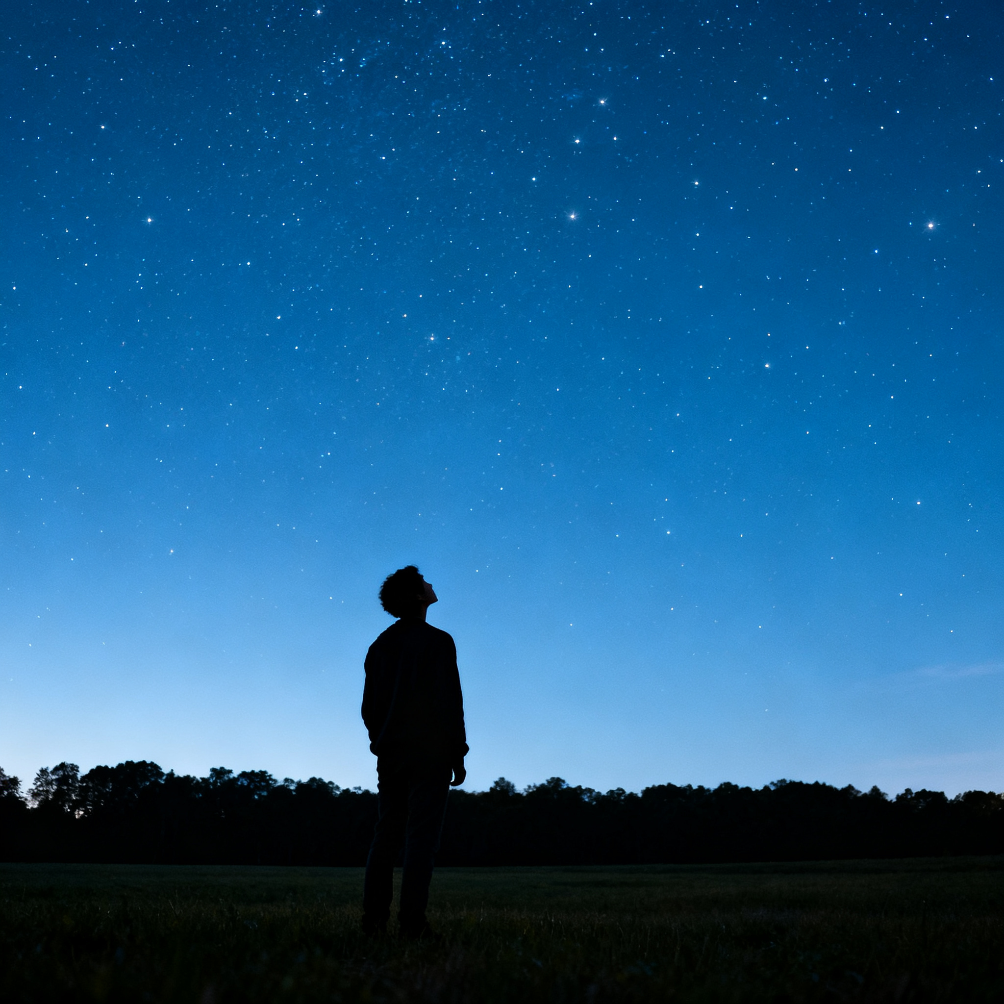 Silhueta de uma pessoa num campo aberto olhando para um céu noturno estrelado