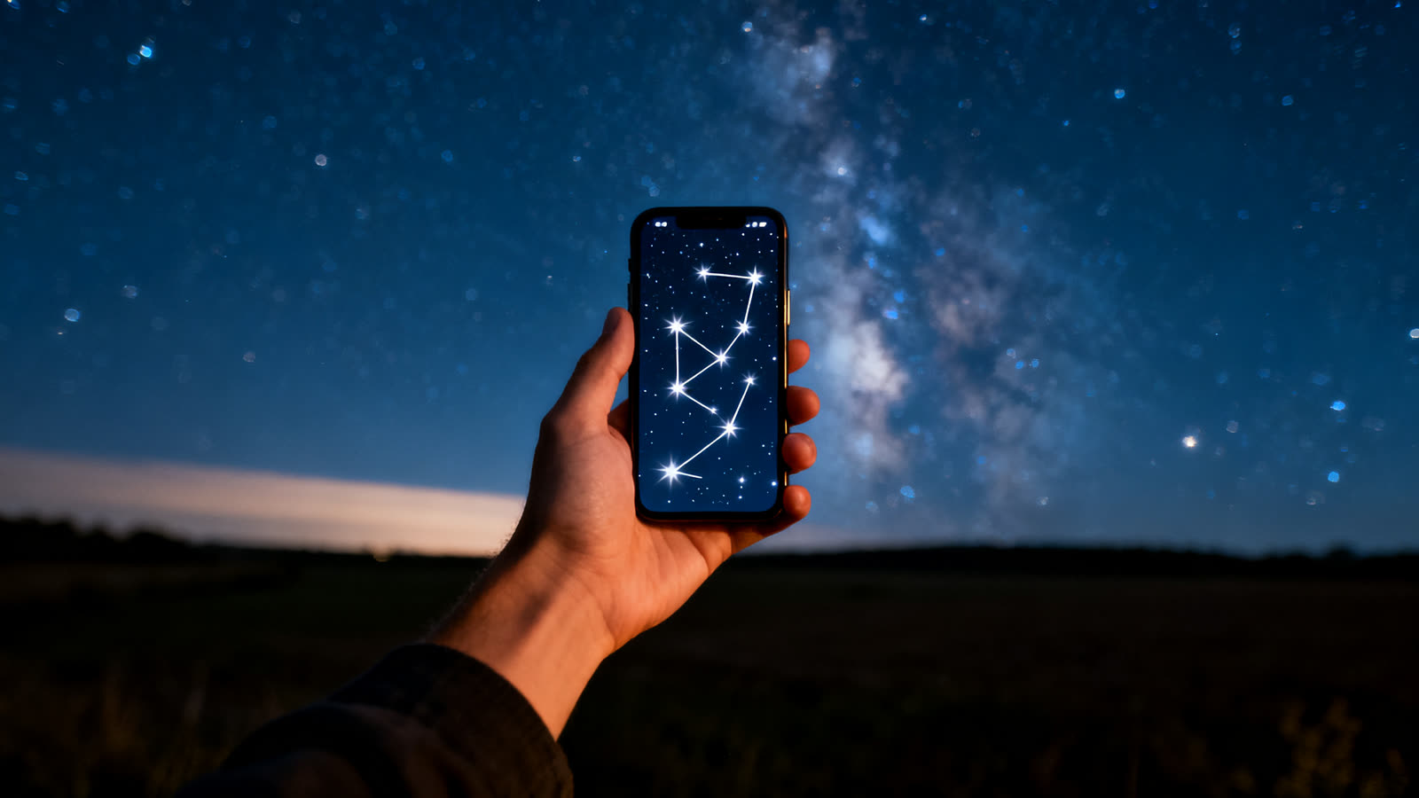 Celular apontado para o céu estrelado mostrando constelações na tela