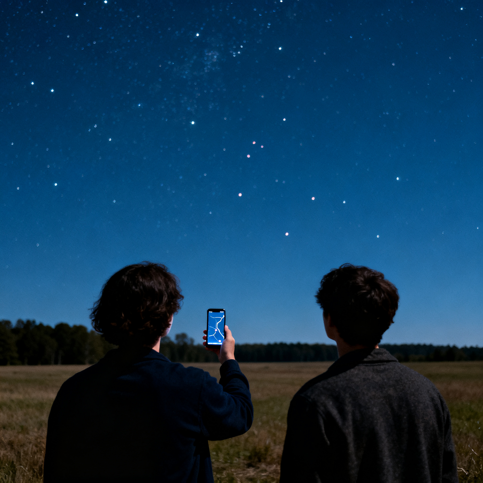 Duas pessoas de costas olhando o céu noturno, uma delas segurando um celular com um mapa na tela