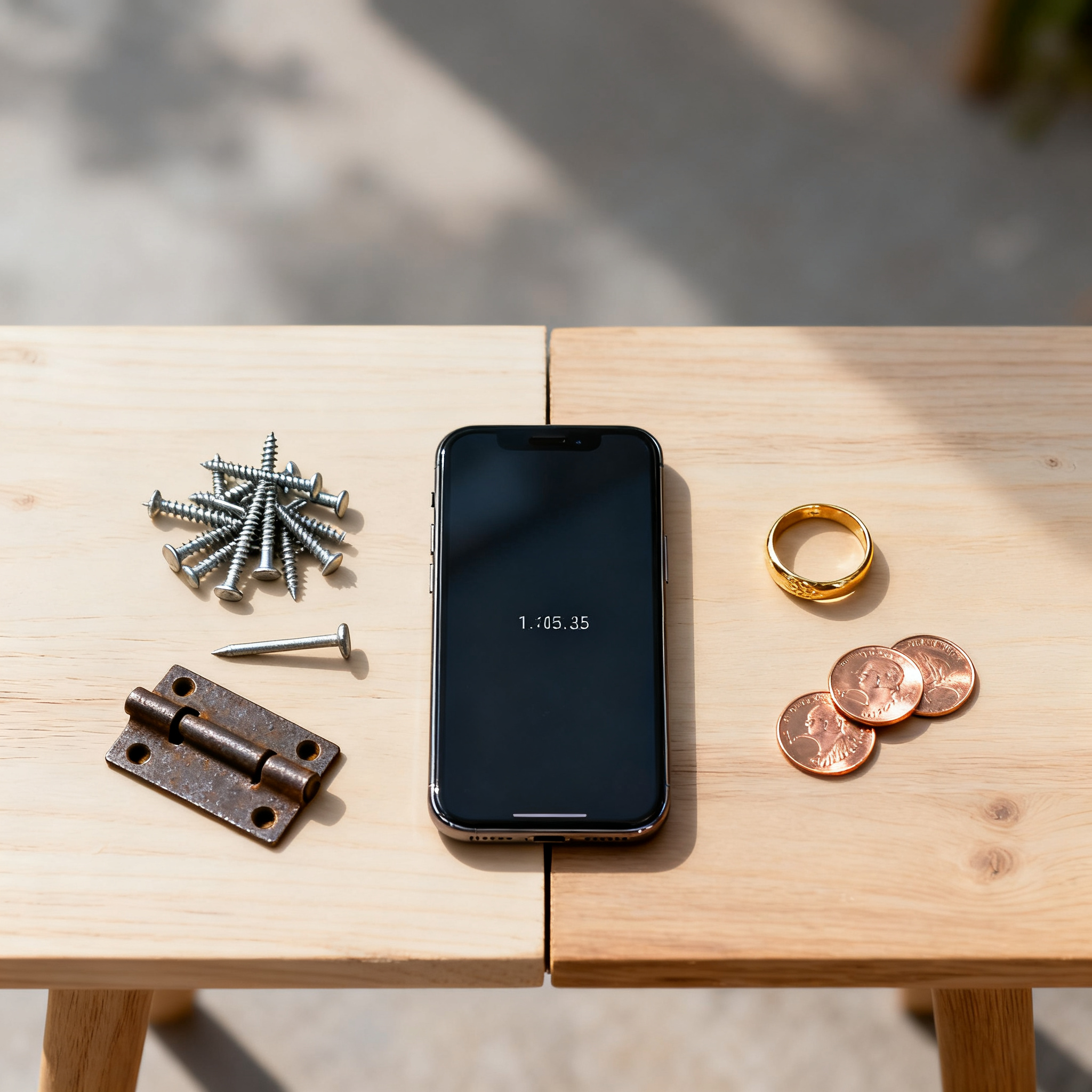 Comparação sobre uma mesa: parafusos e uma dobradiça de aço de um lado, um anel dourado e moedas do outro, com um celular ao centro