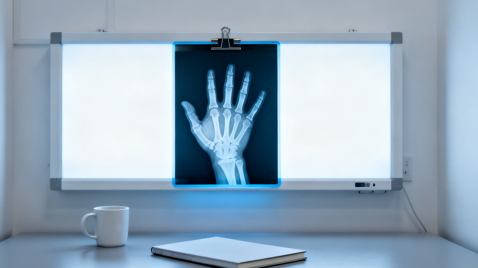 Radiografia de uma mão presa num negatoscópio aceso, numa sala de radiologia limpa e vazia