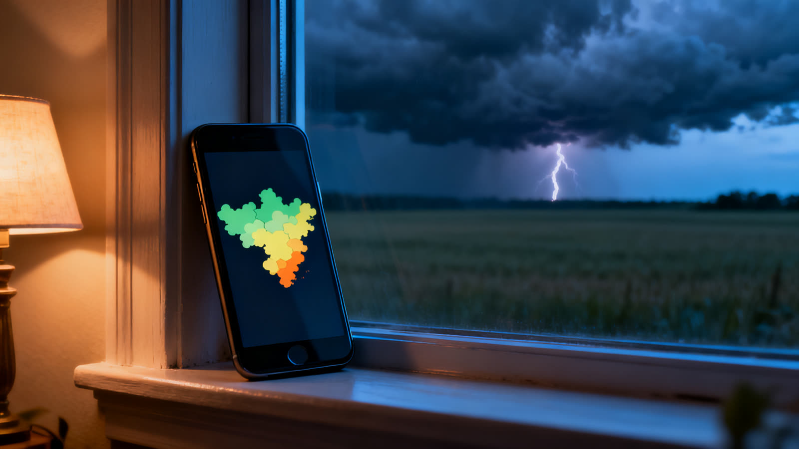 Celular apoiado na janela mostrando um mapa de radar com manchas verdes, amarelas e laranja, com uma nuvem de tempestade e um raio ao fundo