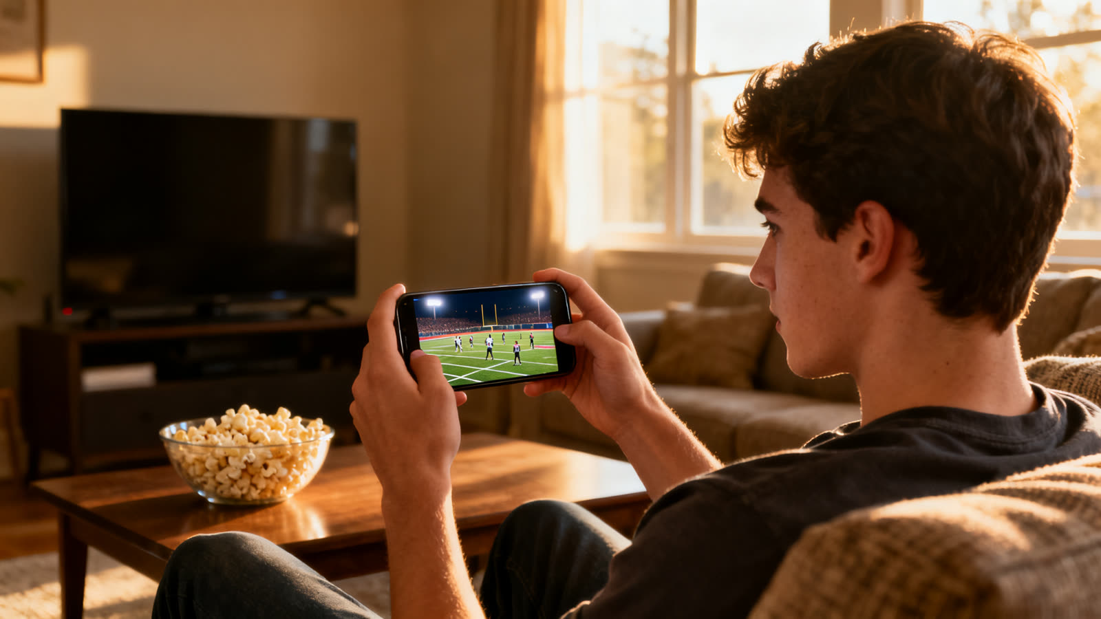 Homem no sofá assistindo a um jogo de futebol americano no celular, com a TV desligada ao fundo