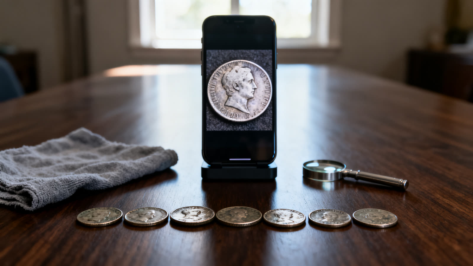 Moedas antigas alinhadas sobre uma mesa de madeira escura e um celular apoiado atrás exibindo a foto ampliada de uma moeda